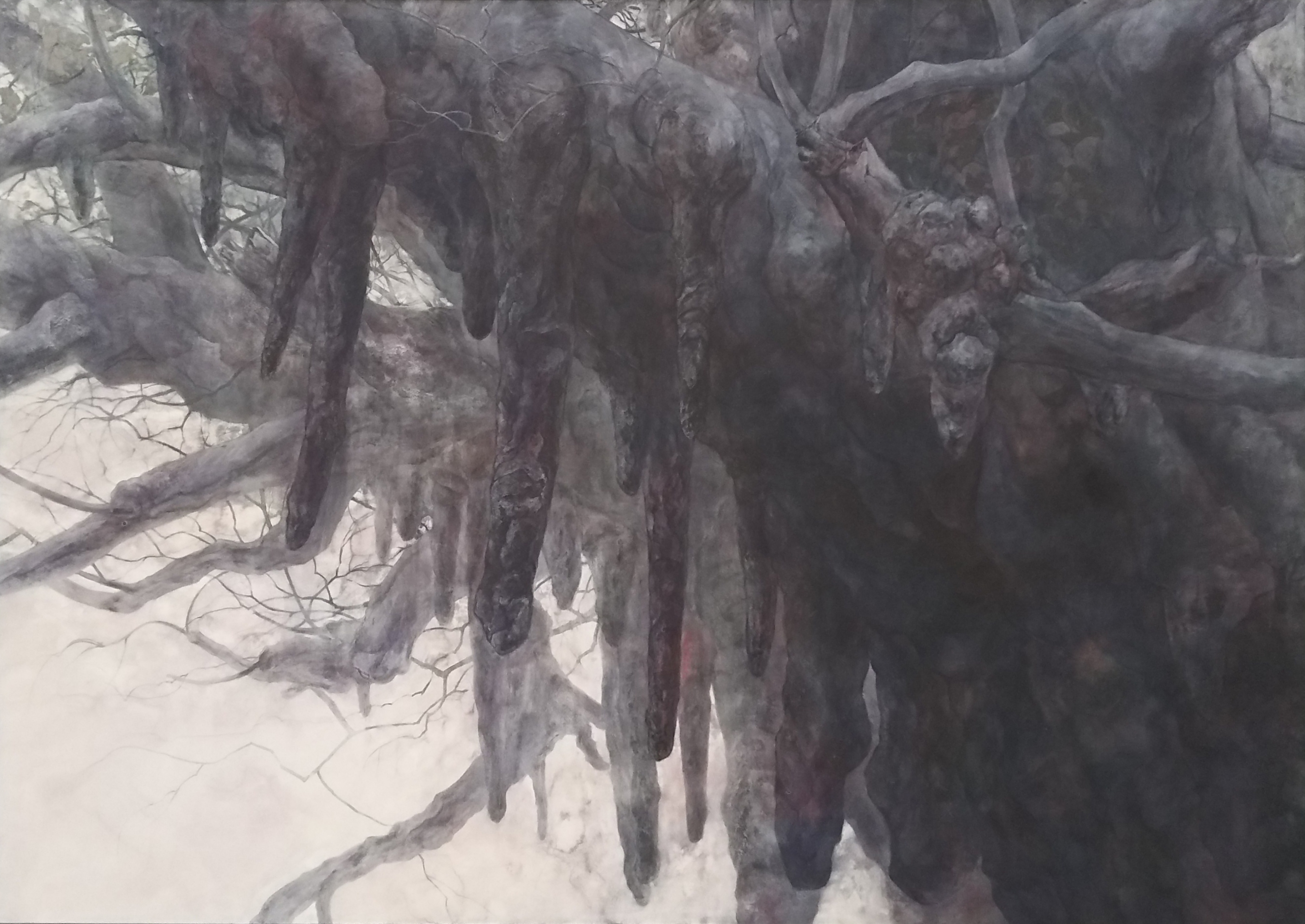 大きな樹木を描いた日本画の中央部分