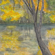 樹木と湖を描いている日本画